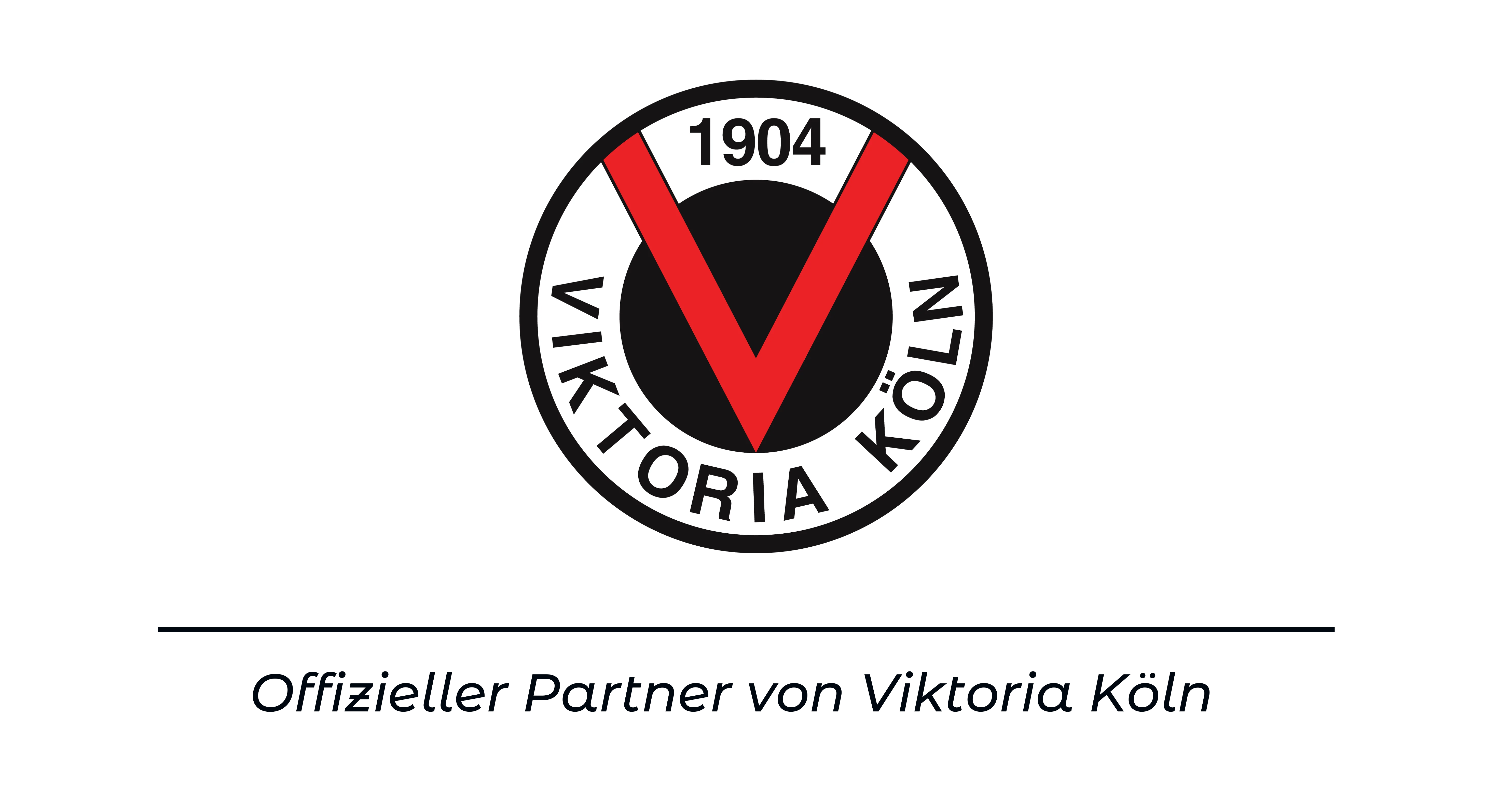 Schwarz weisses Viktoria Koeln Logo mit rotem V und Zahl 1904 oben