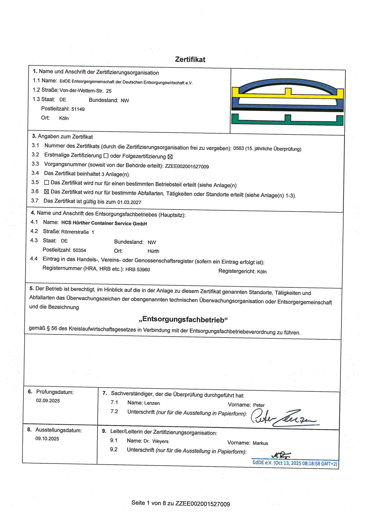 Deutschsprachiges Zertifikat mit Tabellen, blau gelbem Logo und Unterschriften in Blau