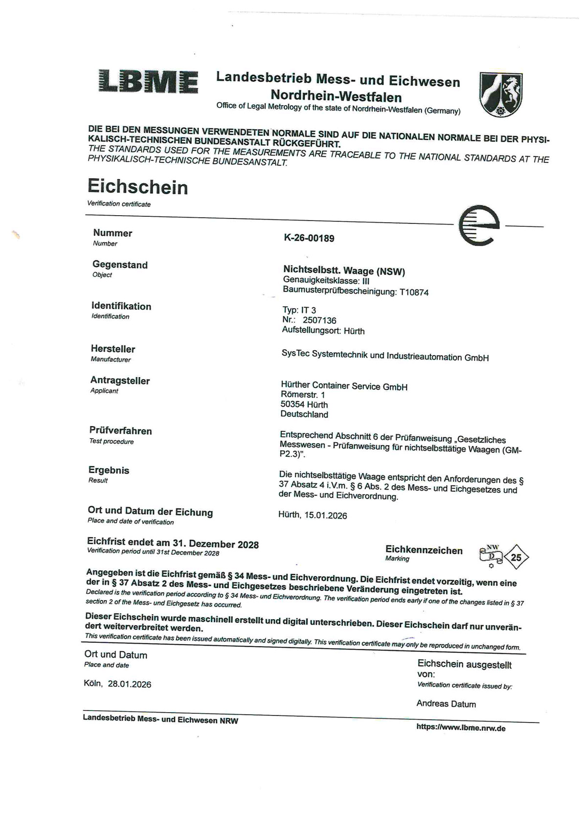 Schwarz weisses LBME Eichscheinformular mit Aktennummer und NRW Logo